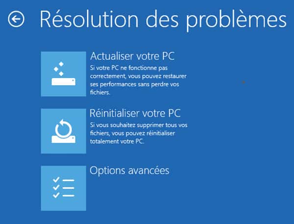 actualiser et réinitialiser pc sur Windows 8 Windows 10